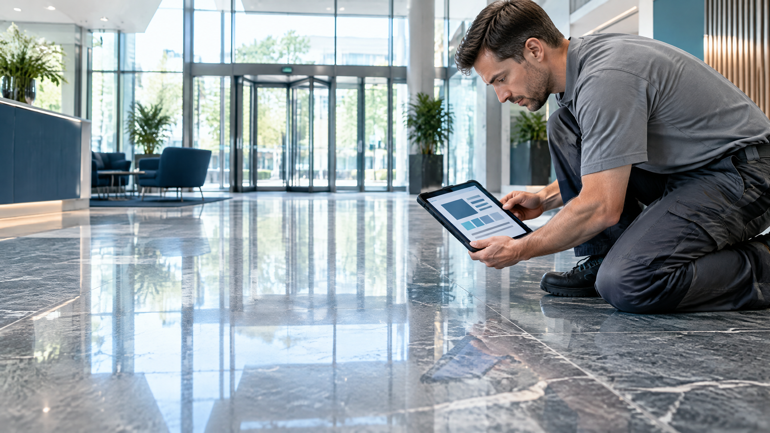 Illustrative Fachkraft dokumentiert einen Natursteinboden mit Tablet in einem gewerblichen Foyer.