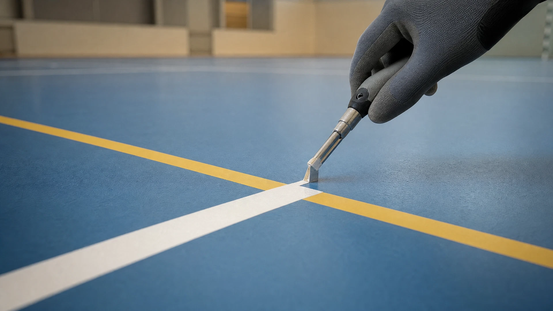 Illustrative Detailaufnahme einer präzisen Spielfeldmarkierung auf einer PU-Sportbodenfläche.