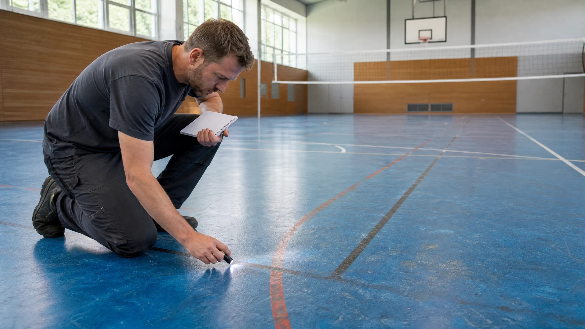 Illustrative fachliche Zustandsprüfung eines bestehenden elastischen Sportbodens.
