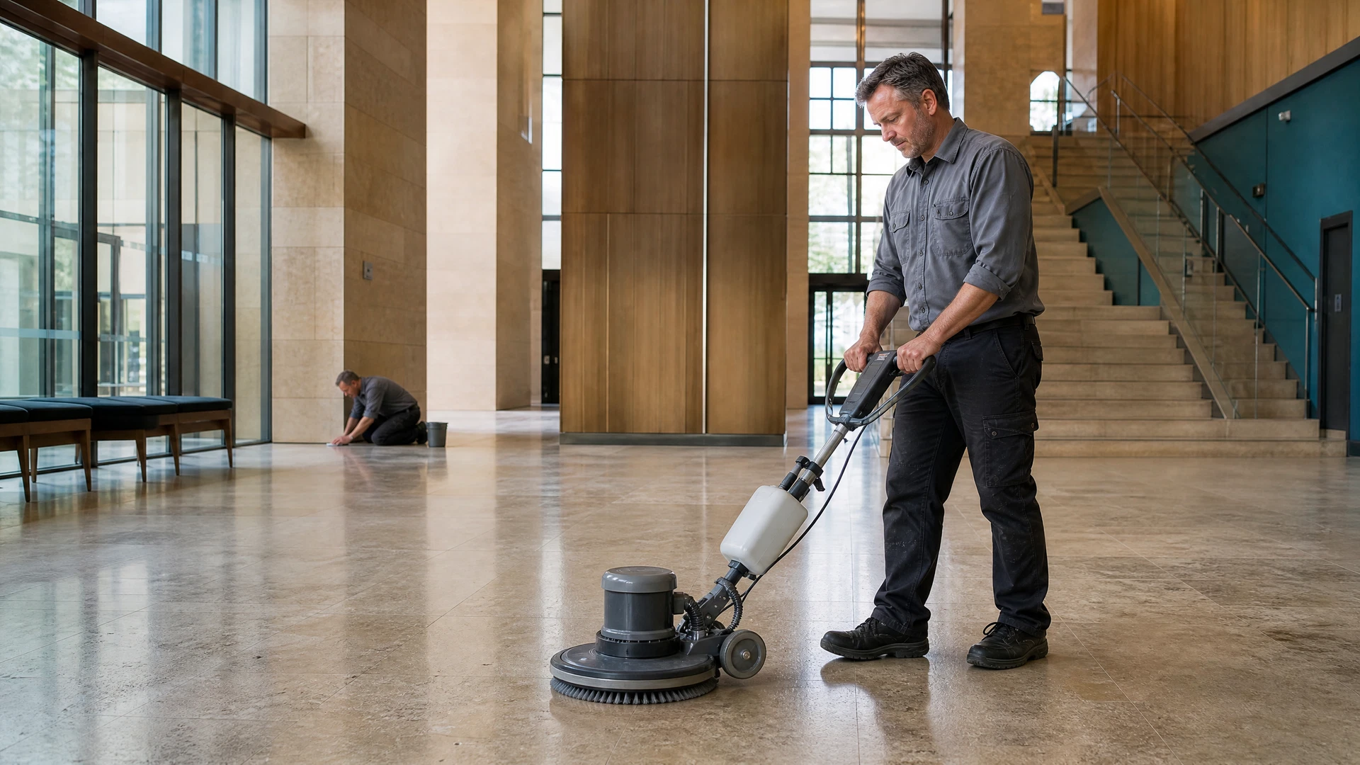 Professionelle ressourcenschonende Reinigung einer großen Gebäudefläche mit moderner Technik.
