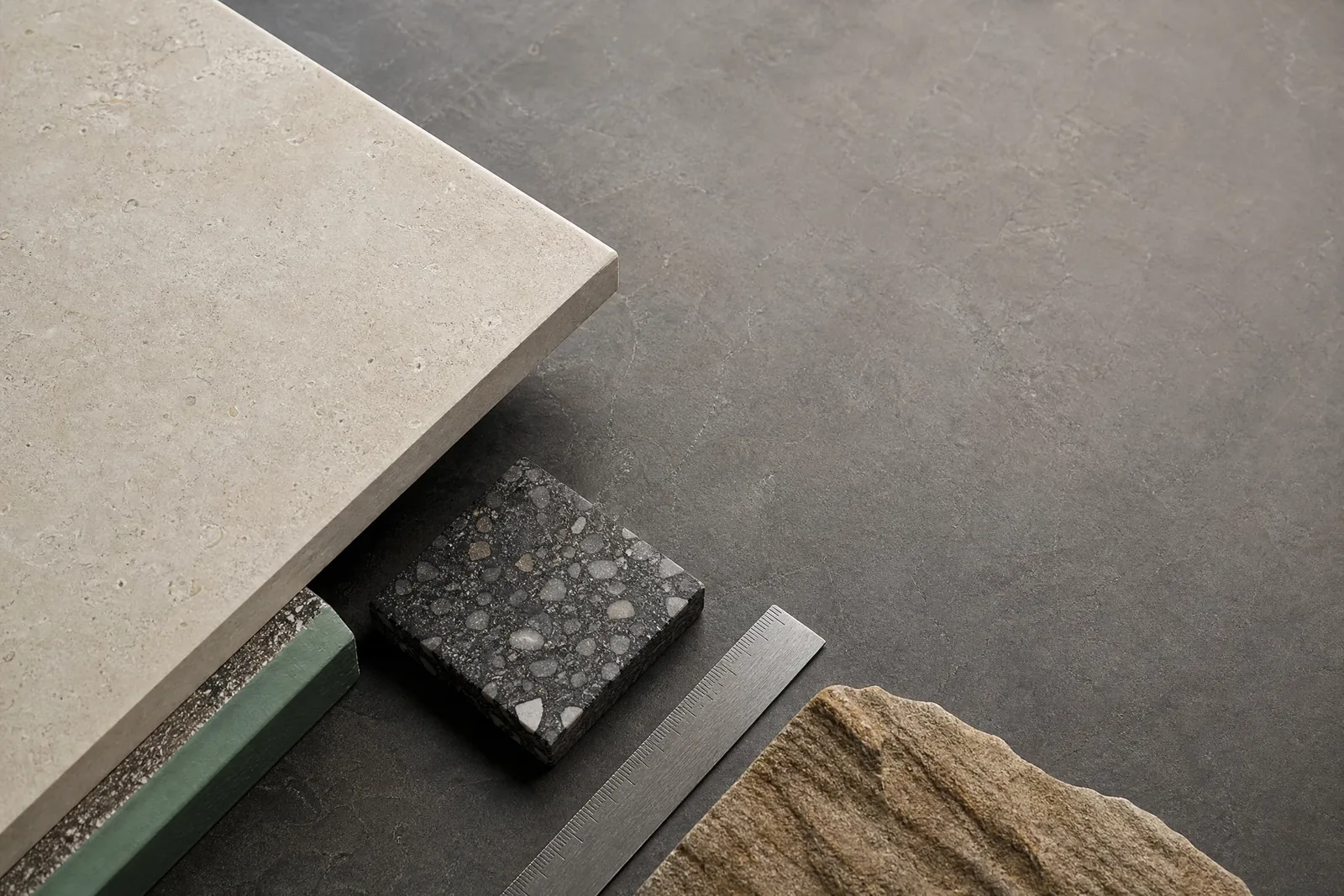 Illustrative Materialauswahl mit heller Steinplatte, körnigem Verbundwerkstoff und rauem Stein neben einem Maßstab, zur getrennten Prüfung von Material und Finish.