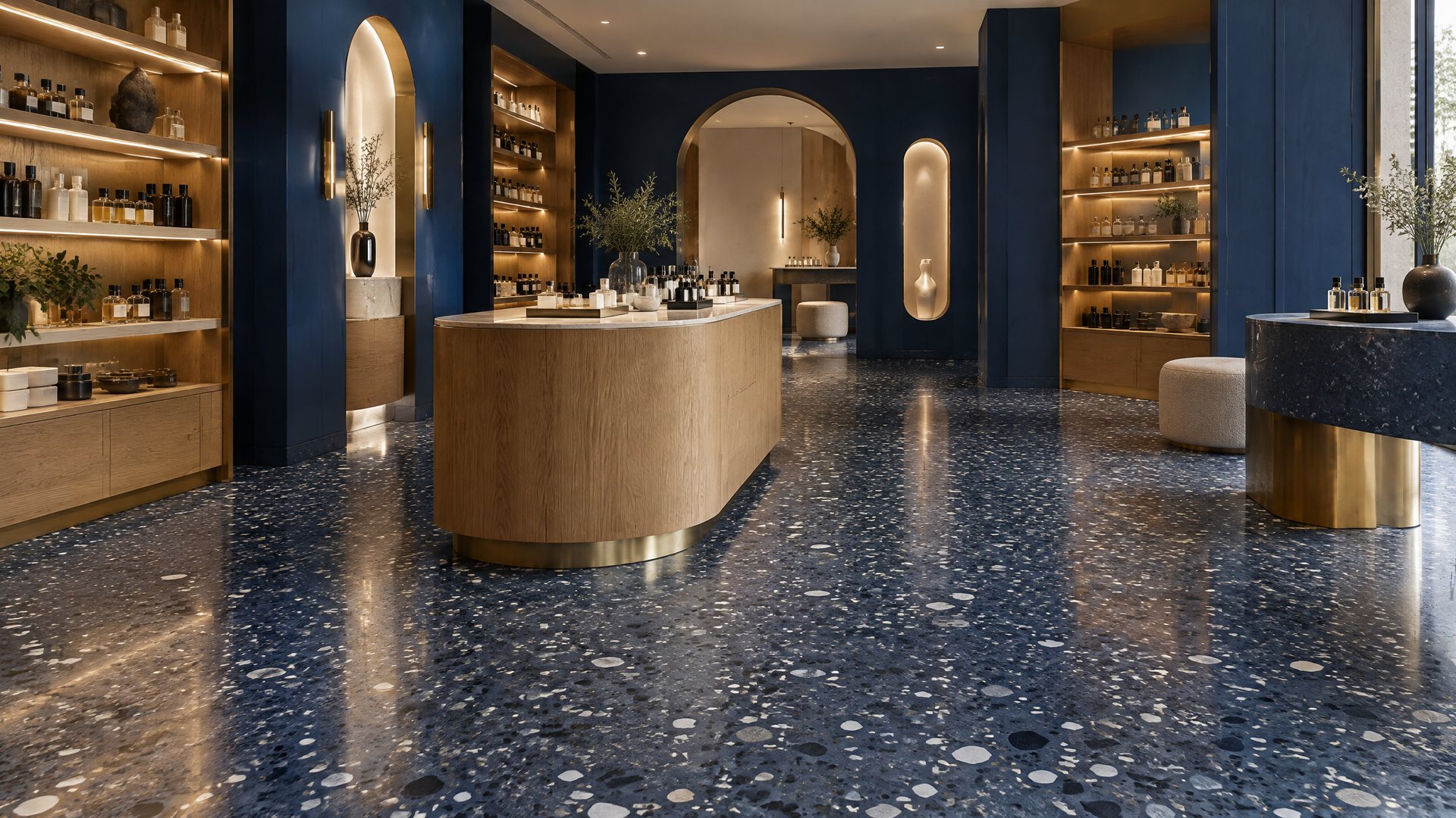 Illustrative Premium-Boutique mit dunkelblauem Terrazzo-Boden und warmen Holzmöbeln