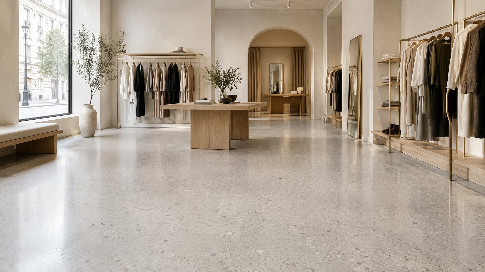 Illustrative hochwertige Boutique mit hellgrauem Terrazzo-Boden und neutralem Interior