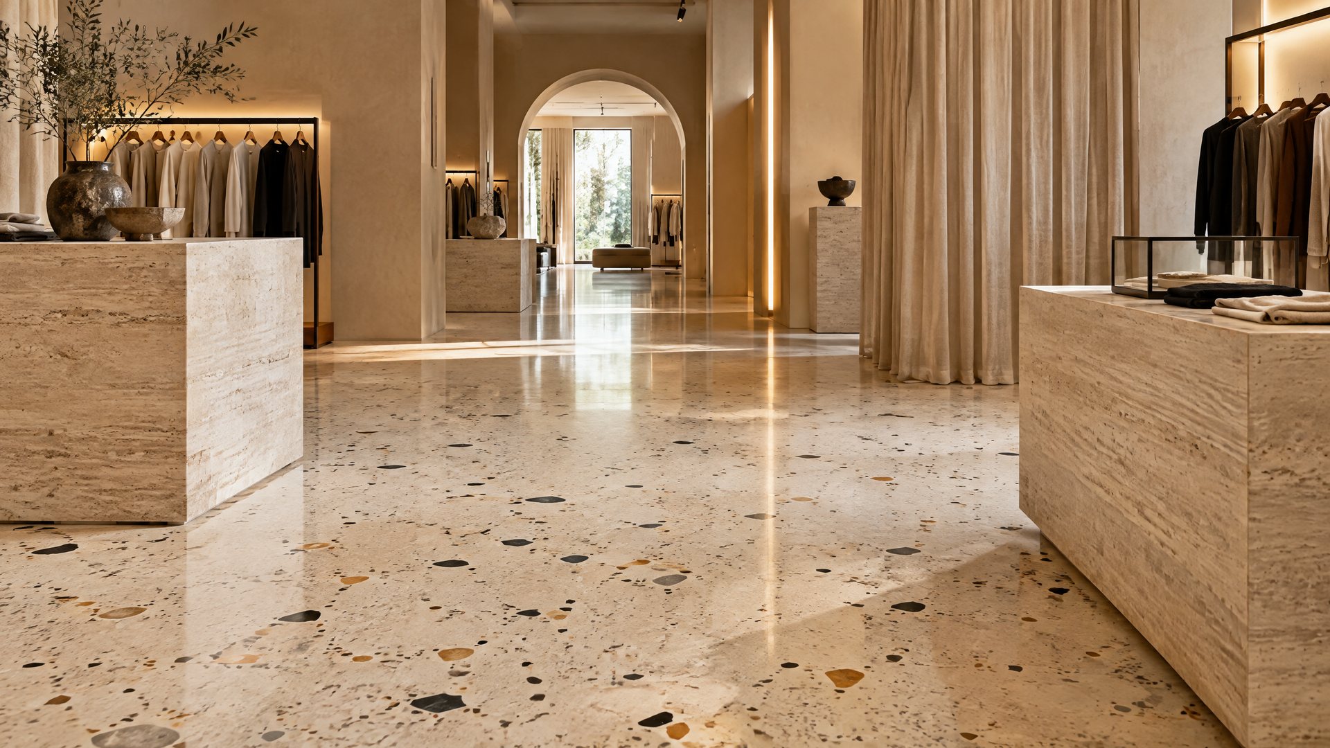 Illustrative Boutique mit hellem Terrazzo-Boden, Travertin und Stoffvorhängen