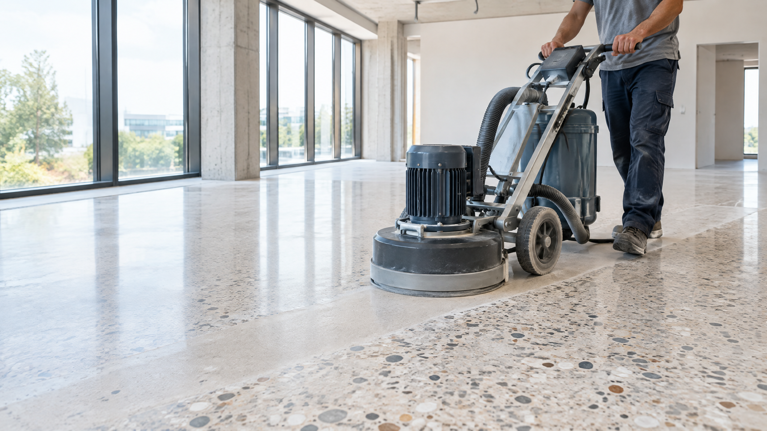 Illustrativer Trockenschliff einer neu eingebrachten Terrazzo-Fläche mit professioneller Absaugung.